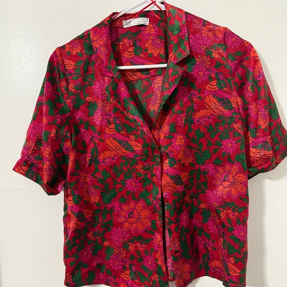Zara Red Floral Blouse with Green and Orange Accents - Picture 1 of 4